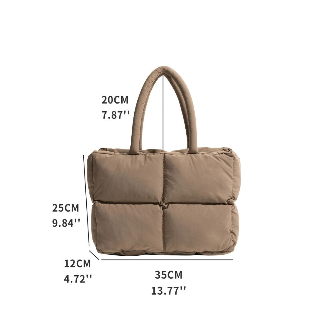 Modern women's puffer shoulder bag, spacious tote for daily use, sleek polyester nylon design.