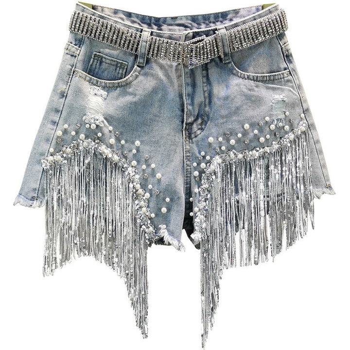 Women's trendy blue denim shorts with stylish tassel fringe, perfect for summer casual wear.