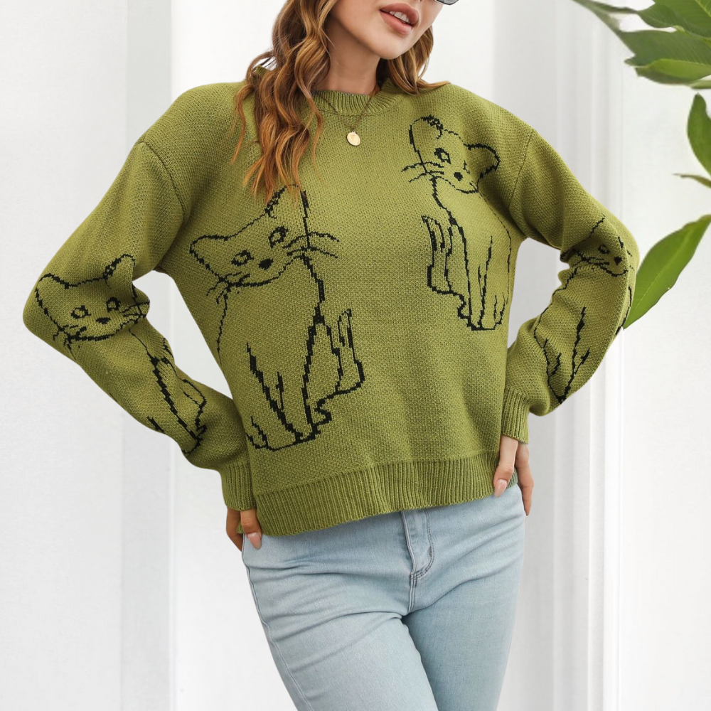 Playful women's cat print sweater, relaxed fit casual pullover top with long sleeves.
