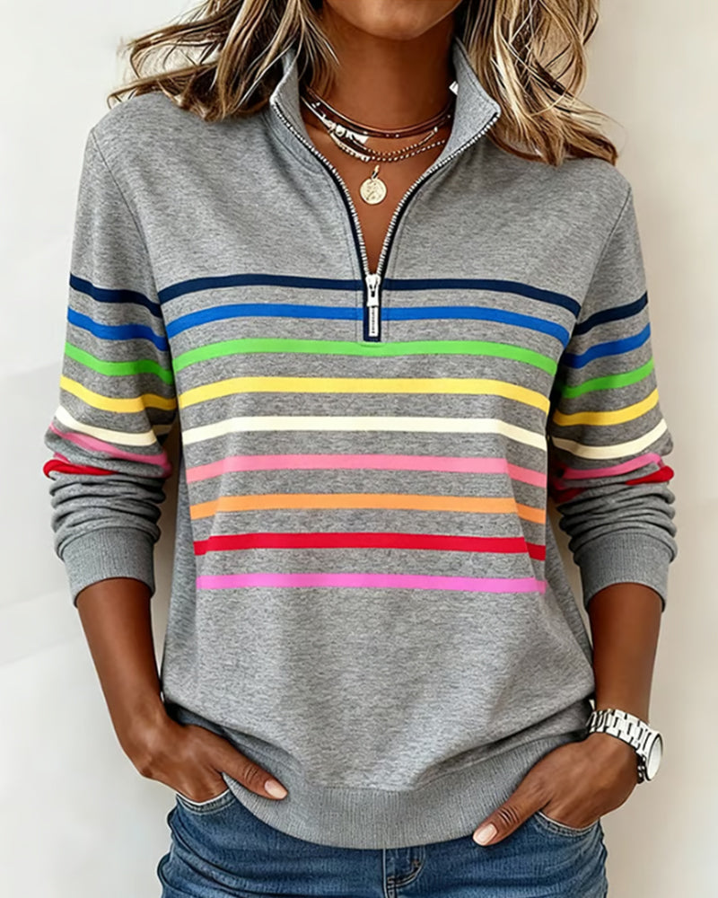 Women's trendy colorful zipper top, perfect for casual everyday comfort and spring fashion.
