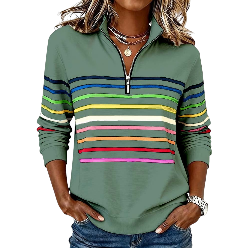 Loose-fit women's colorful zipper top, offering stylish comfort for trendy casual fashion.