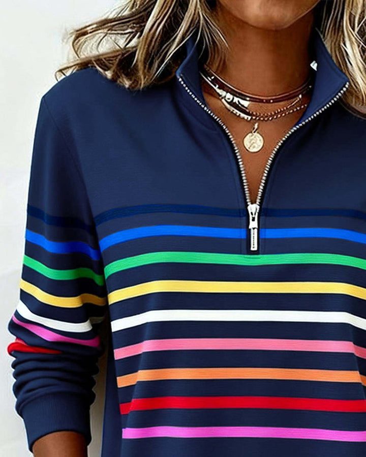 Trendy women's loose top with a colorful zipper, offering comfort for everyday fashion.