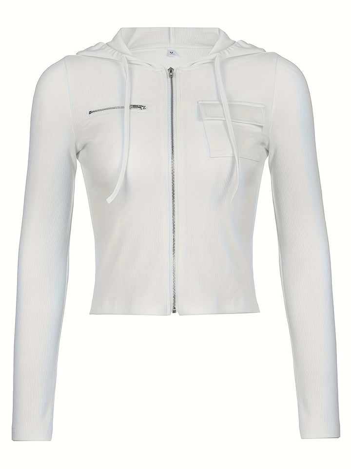 Young woman models a trendy cropped pullover hoodie, perfect for comfortable and fashionable streetwear.
