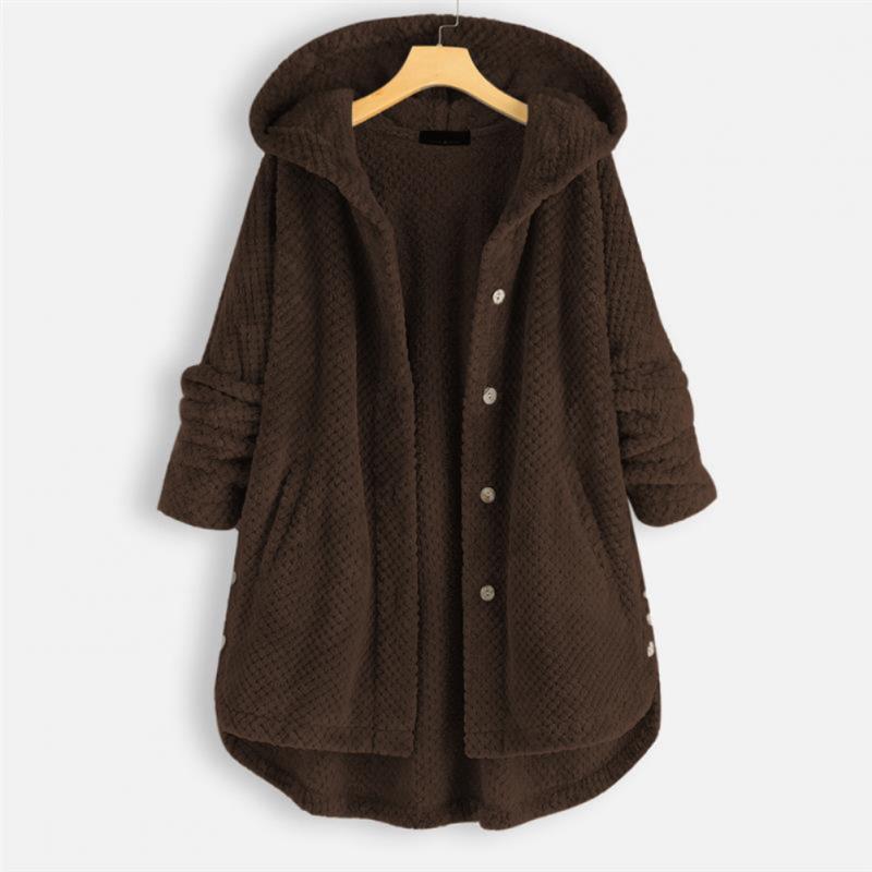 Cozy women's fleece hooded jacket. Modern trendy cut, reversible design for stylish everyday comfort.