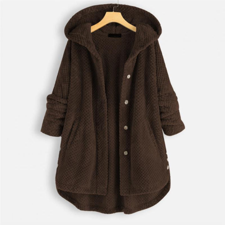 Cozy women's fleece hooded jacket. Modern trendy cut, reversible design for stylish everyday comfort.