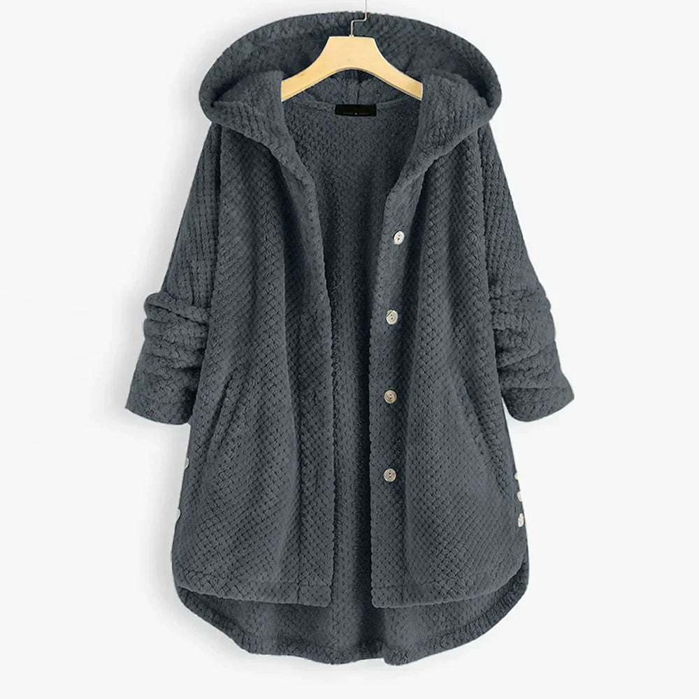 Fashionable ladies' hooded jacket. Trendy cut, reversible & soft fleece, ideal for all-season stylish outerwear.