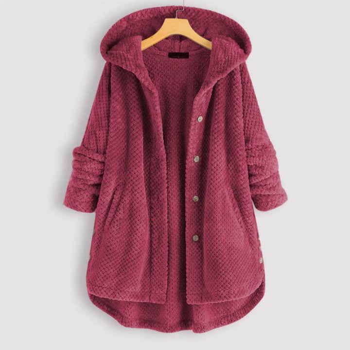 Warm women's fall hooded jacket. Reversible trendy cut fleece, perfect layering piece for cozy comfort.
