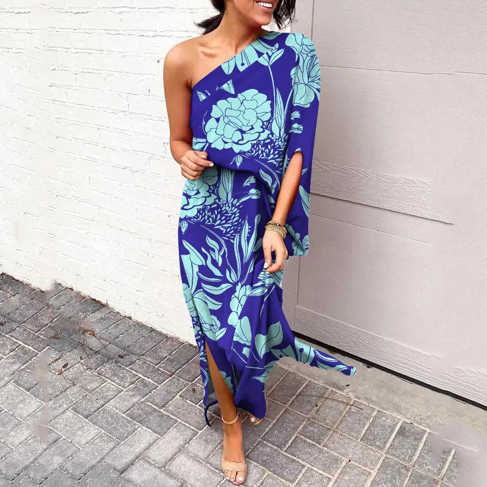Women's trendy diagonal shoulder maxi dress with a unique tie-dye pattern, perfect for summer fashion.