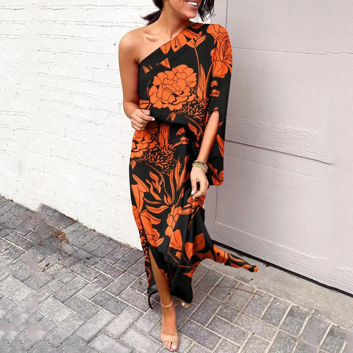 Stylish women's diagonal off-shoulder maxi dress, flattering and elegant for parties or vacation wear.