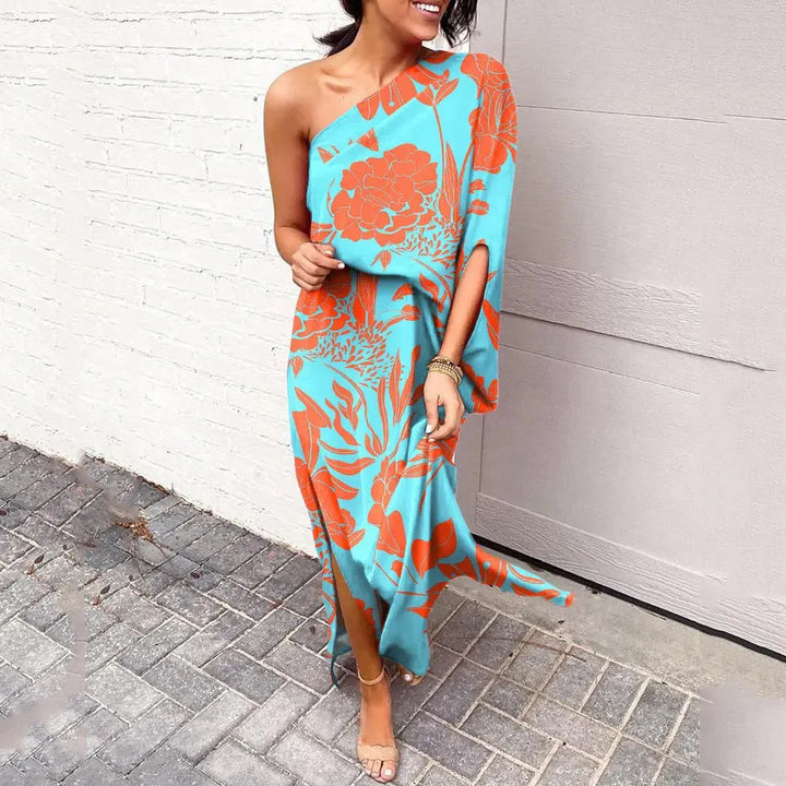 Flattering women's off-shoulder maxi dress with a diagonal neckline, stylish and comfortable for spring/summer.