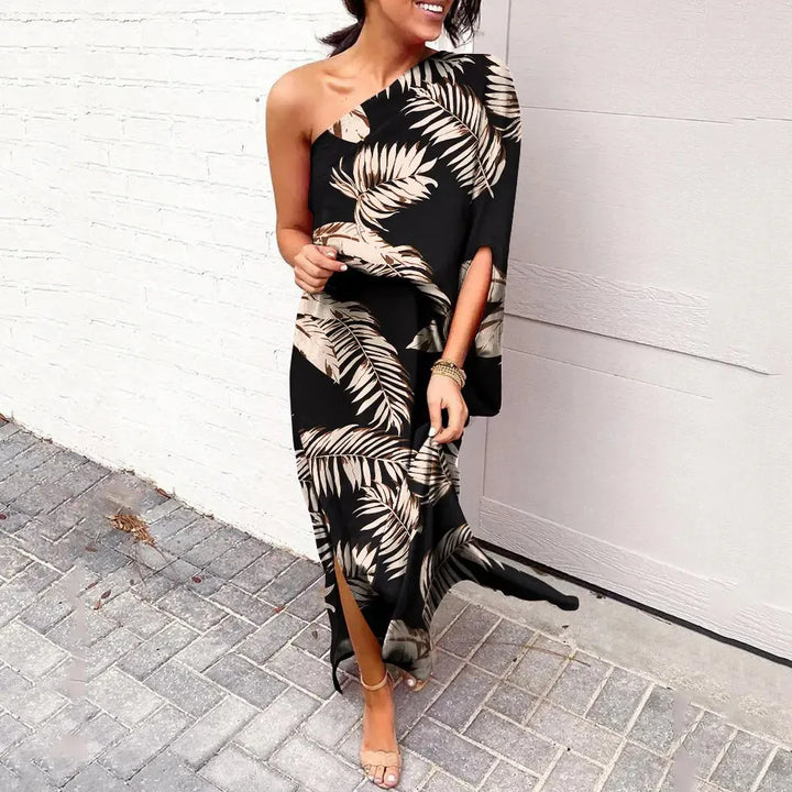 Elegant women's diagonal shoulder tie-dye maxi dress, perfect for vacation, parties, or stylish casual wear.