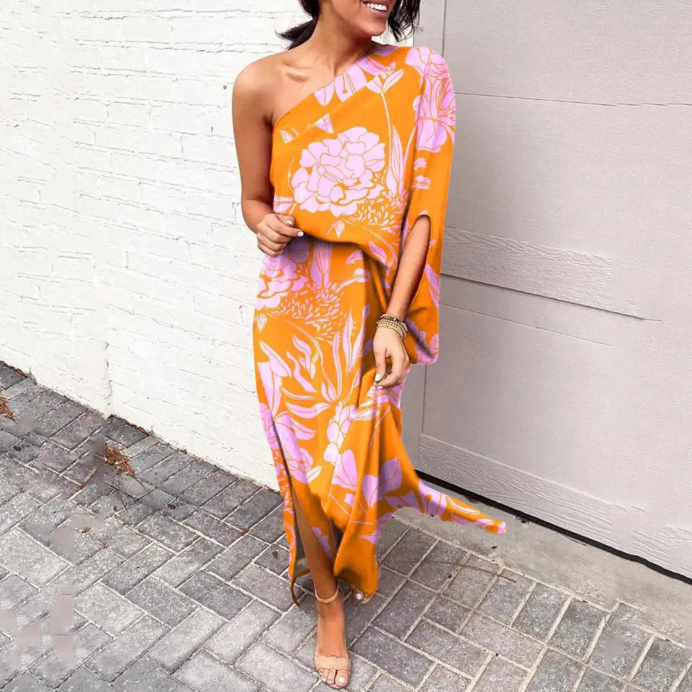 Trendy women's diagonal shoulder tie-dye maxi dress, offering a comfortable fit for summer fashion.