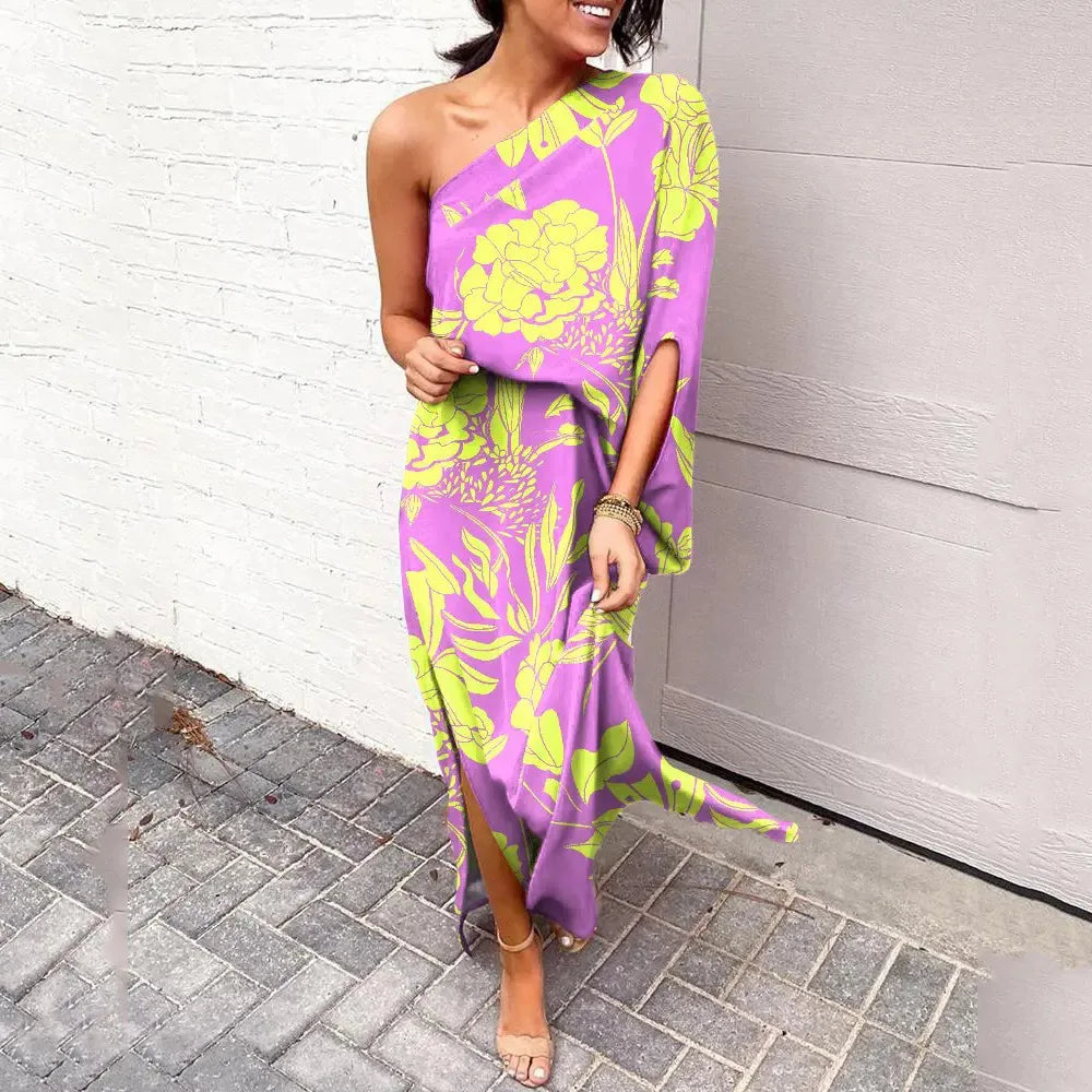 Stylish women's maxi dress featuring a diagonal shoulder and tie-dye pattern, versatile for spring & summer.