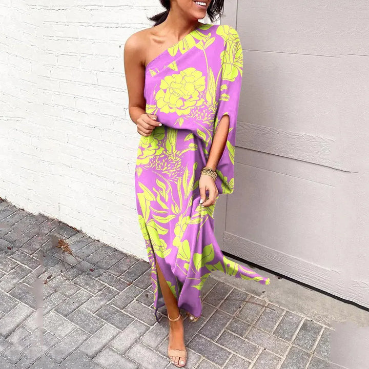 Stylish women's maxi dress featuring a diagonal shoulder and tie-dye pattern, versatile for spring & summer.