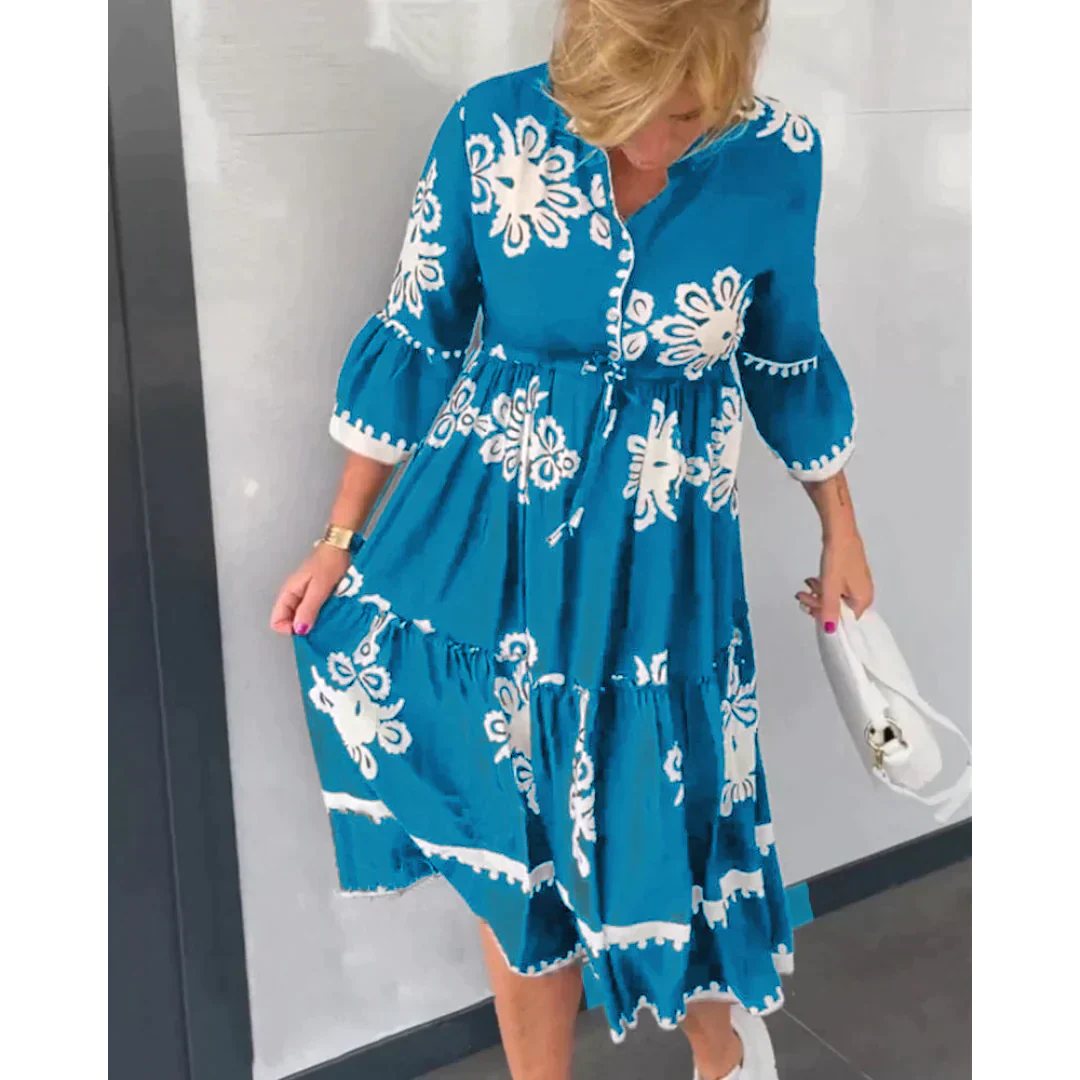 Trendy women's floral dress with 3/4 sleeves, a versatile midi length perfect for spring and summer.