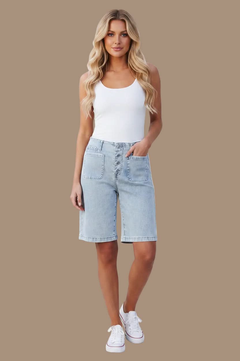 Casual high waist Bermuda shorts for women, offering a comfortable and versatile summer look.
