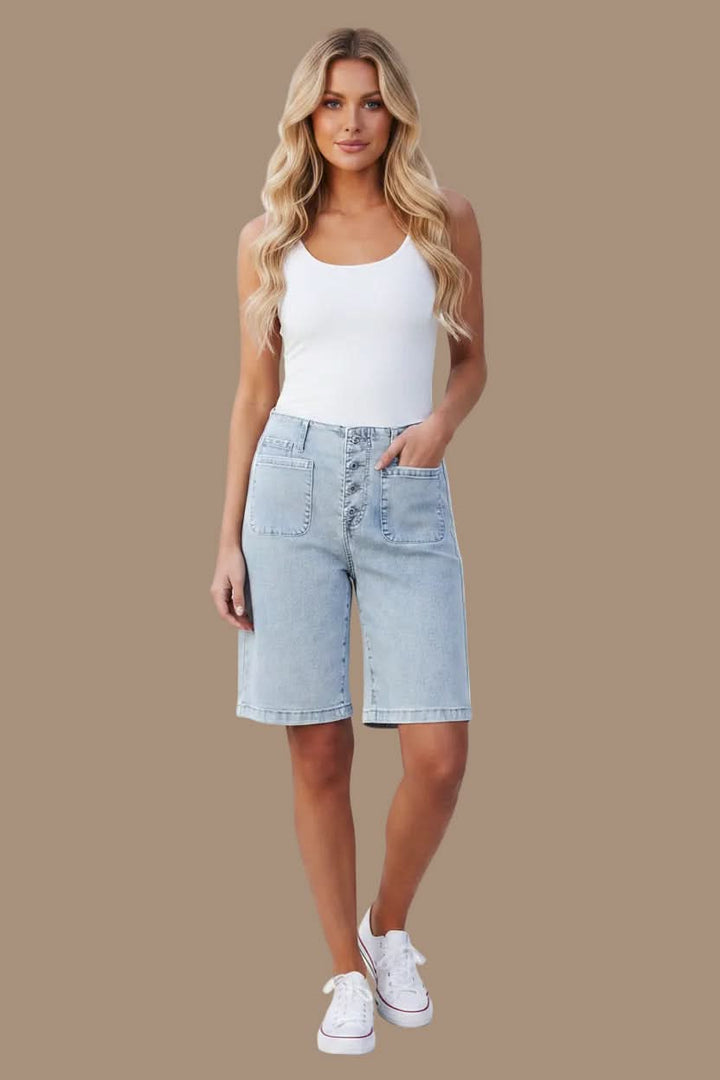 Casual high waist Bermuda shorts for women, offering a comfortable and versatile summer look.