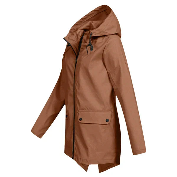 Durable women's rain jacket, hooded and lightweight for ultimate comfort.