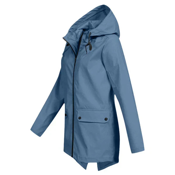 Trendy women's Liora rain jacket, a long hooded coat for ultimate protection.