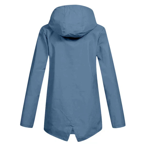 Lightweight women's rain jacket with hood, perfect for travel & everyday use.