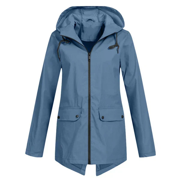 Fashionable women's long rain coat, hooded & weatherproof for chic outerwear.