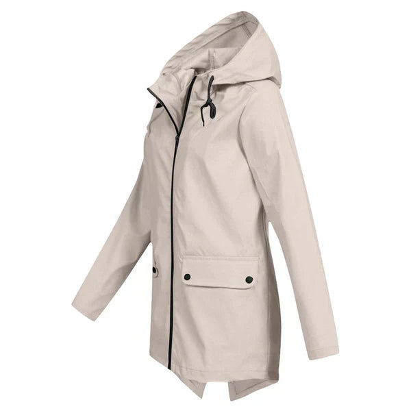 Women's all-season hooded rain jacket, trendy design for spring & fall protection.