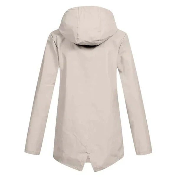 Stylish hooded rain jacket for women, lightweight & perfect for varying weather.