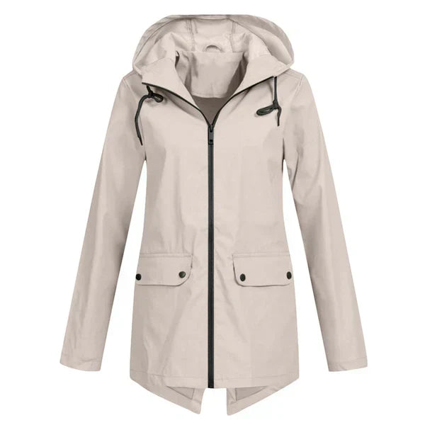 Modern women's rain jacket, hooded, weatherproof, and designed for trendy outerwear.