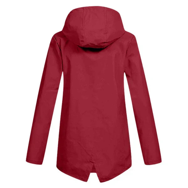 Stylish women's rain jacket with hood, perfect for spring & fall fashion.