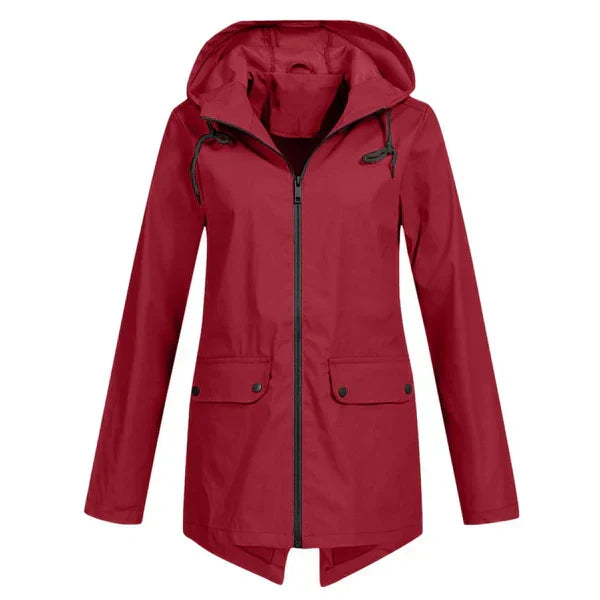 Liora women's long hooded rain coat, trendy outerwear for wet weather.