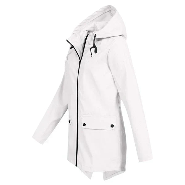 Weatherproof women's hooded jacket, lightweight design for fashion & function.