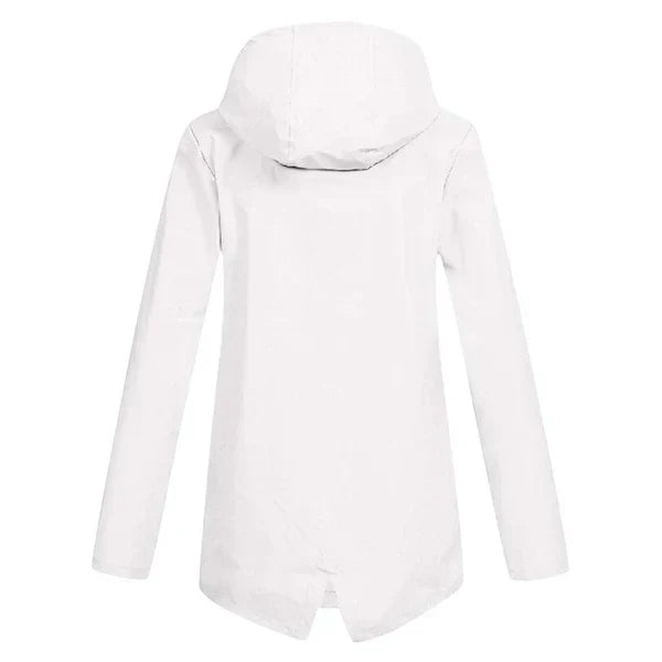 Chic women's rain jacket with hood, ideal for spring showers and fall days.