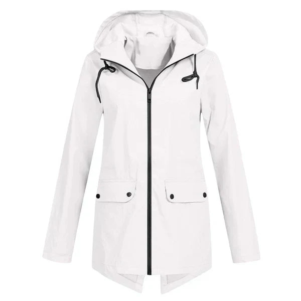 Trendy Liora women's rain jacket, a fashionable hooded long coat for outerwear.