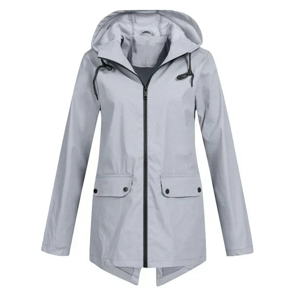 Women's long hooded rain coat, ideal for spring, fall, and everyday casual wear.