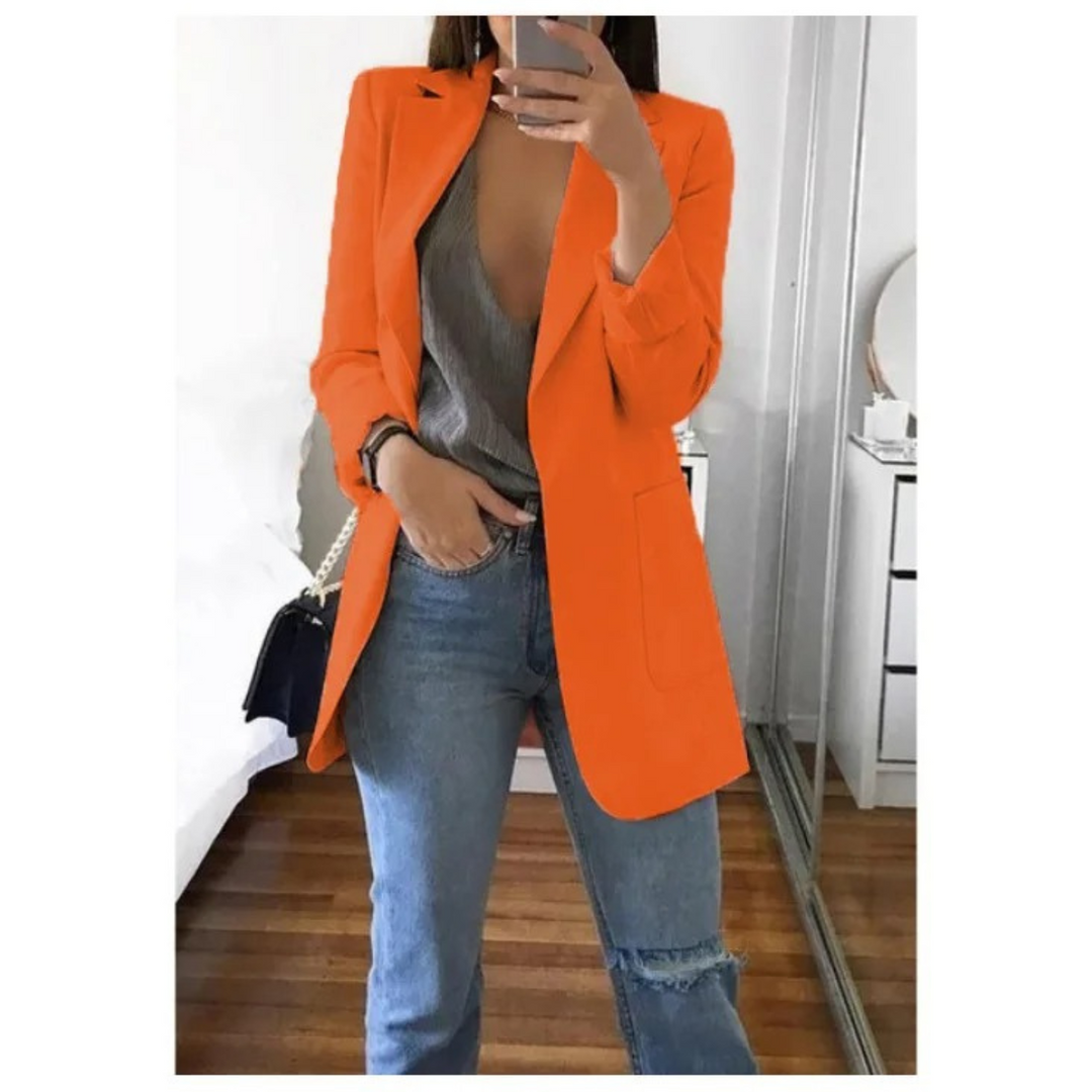 Chic long line blazer for women, perfect for a sophisticated and trendy outerwear piece.
