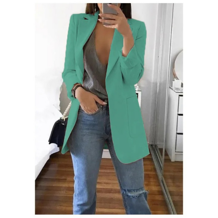 Women's trendy long blazer, an essential piece for modern fashion and versatile styling.