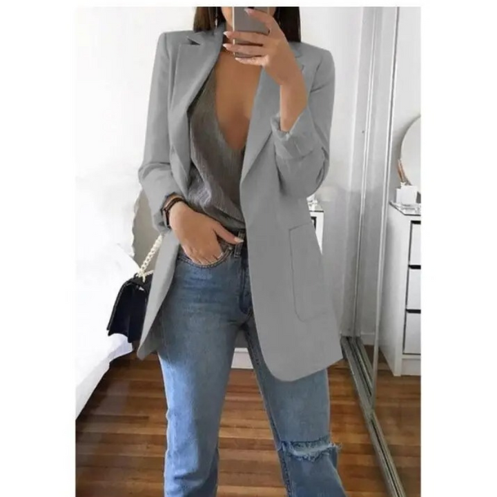 Stylish women's long blazer for office, work, or elevated casual fashion.