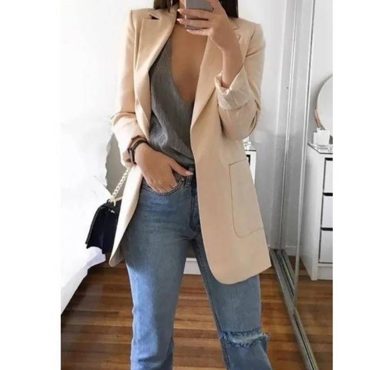 Elegant long blazer for women, ideal for office wear, formal events, or smart casual outfits.