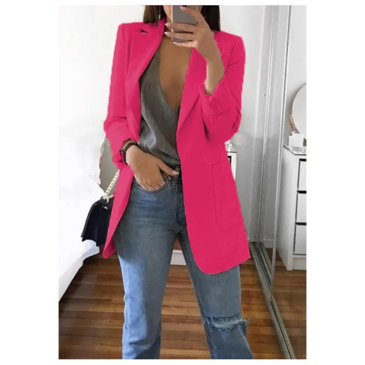 Trendy women's long blazer jacket, suitable for formal or casual outfits and office wear.