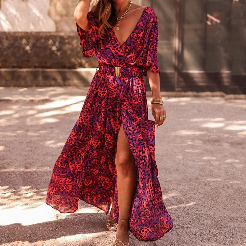 Women's Trendy Maxi Wrap Dress. Elegant, comfortable long flowy dress for summer fashion, beach, or versatile casual style.