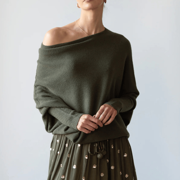 Livia women's trendy off-shoulder sweater, elegant and comfortable knitwear.