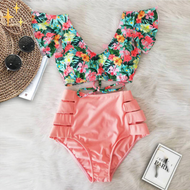Elegant women's ruffled bikini top & high-waisted swim bottoms, a chic and trendy beachwear set.