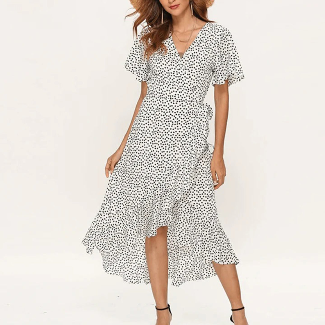 Seraphina women's party wrap dress, trendy v-neck, vibrant pattern, perfect for summer events.