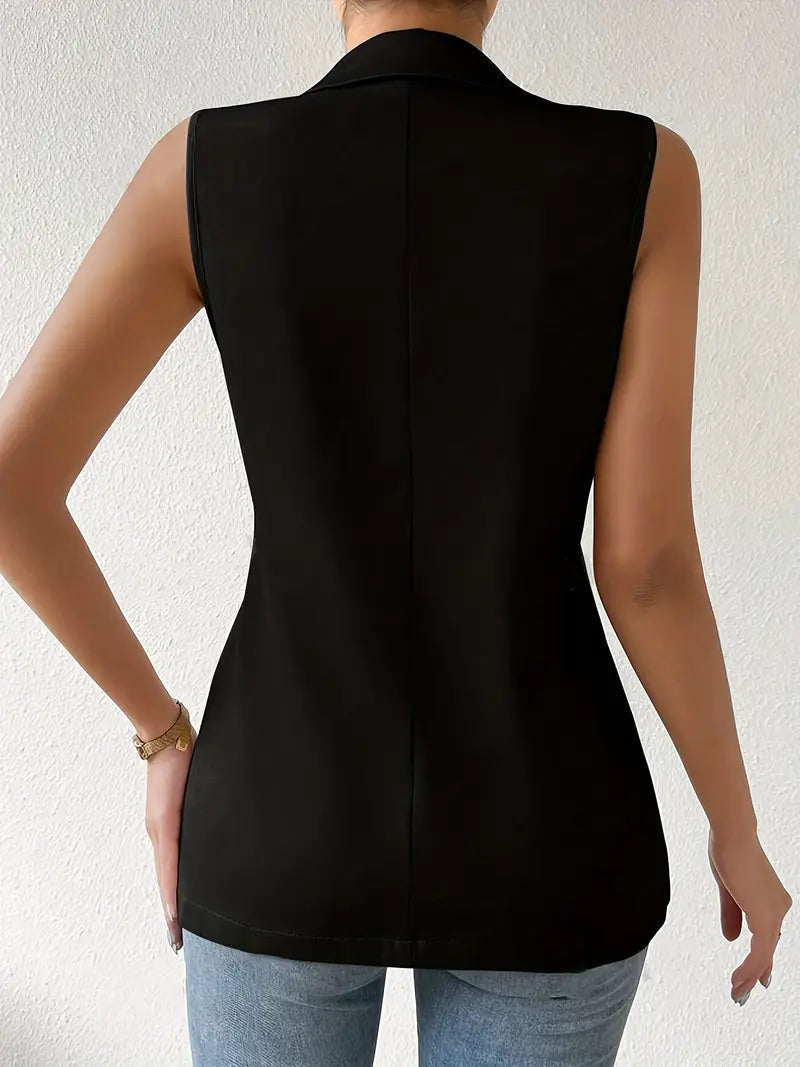 Sophisticated women's sleeveless blazer with chic button accents, perfect for a layered look or office fashion.