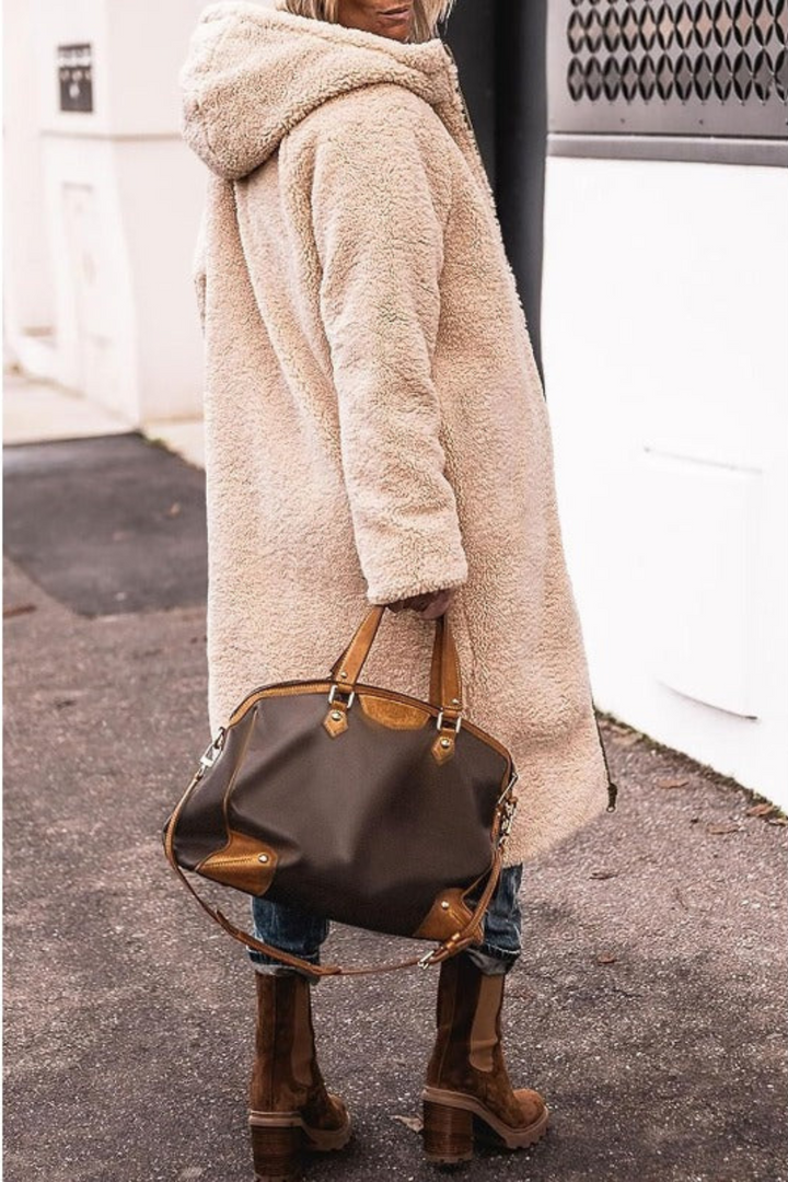 Elegant reversible long winter coat for women, Sofia style, cozy & chic.