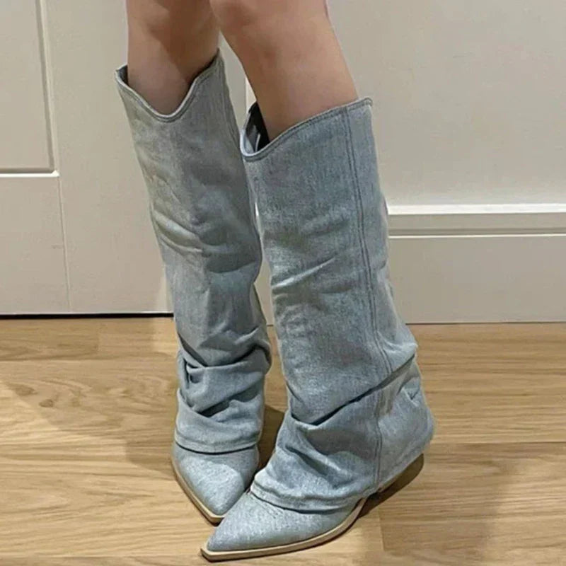 Women's trendy Stella denim knee-high boots with warm lining and secure grip for winter fashion.