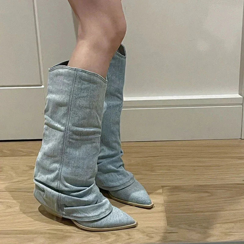 Stylish women's knee-high denim boots, Stella design, offering warm comfort and non-slip sole for cold weather.