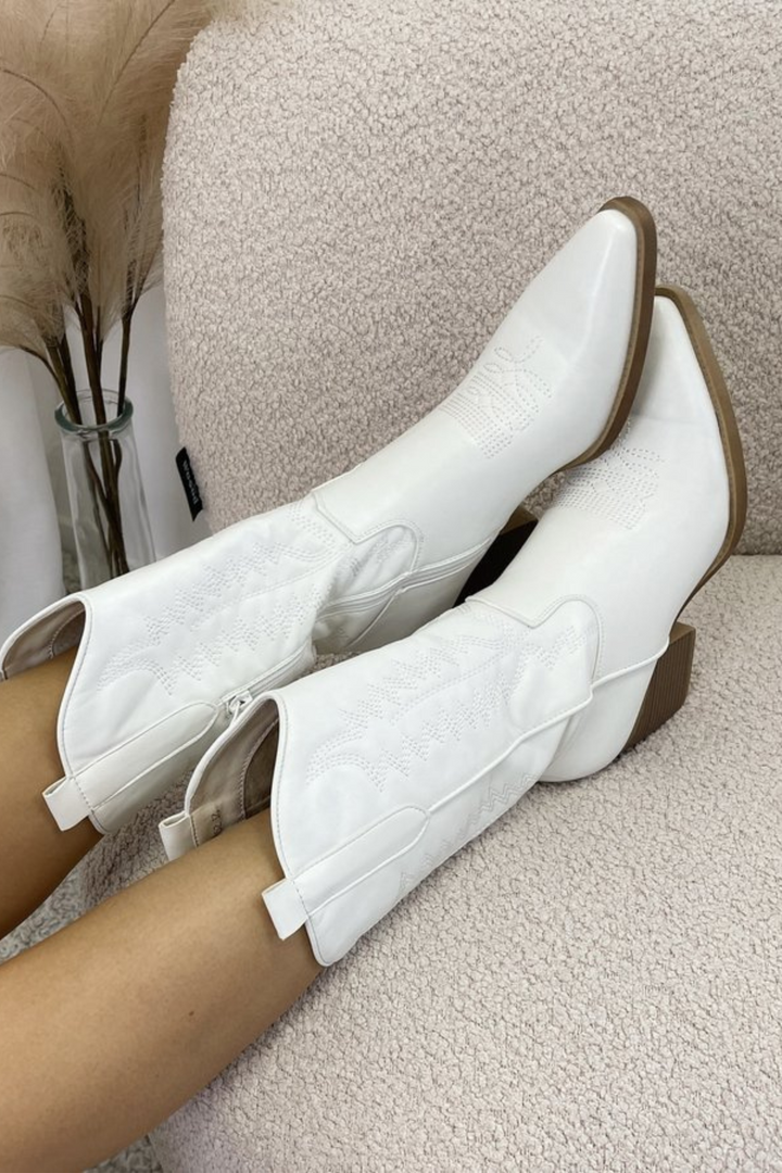 Fashionable women's pointed toe cowboy boots. Trendy western style pull-on boots with block heel.