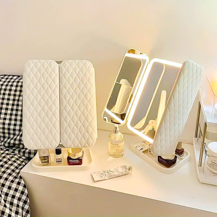 Women's trifold vanity mirror with adjustable LED lights for precise makeup application.