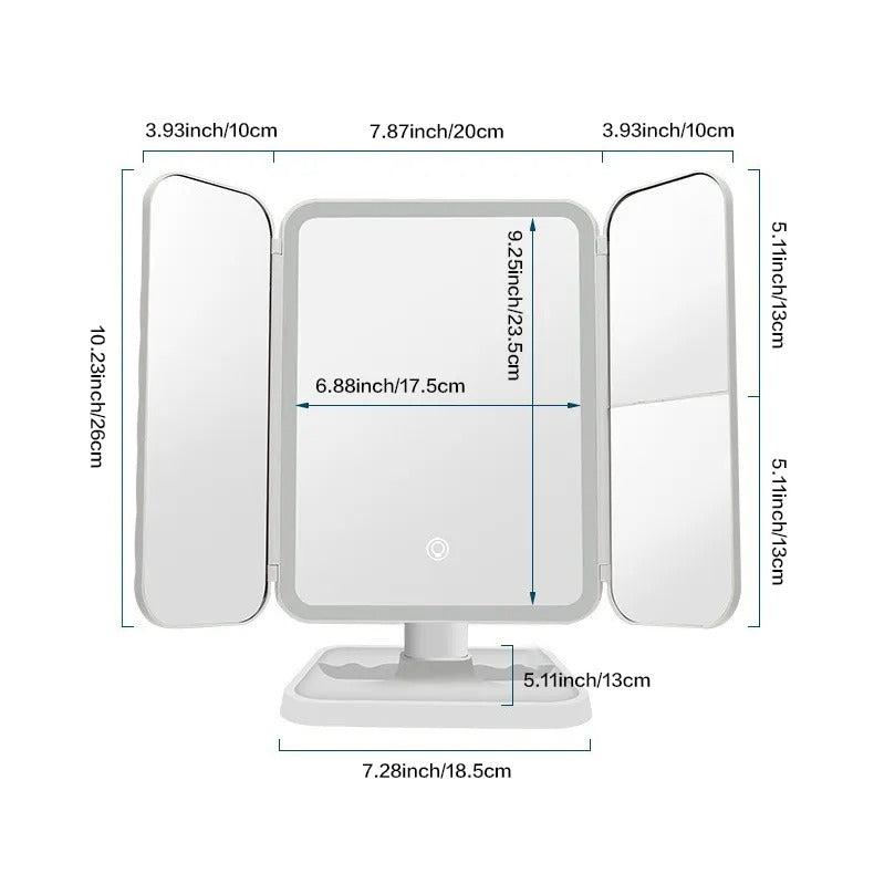 Lighted trifold vanity mirror featuring bright, adjustable LEDs for flawless makeup and beauty routines.